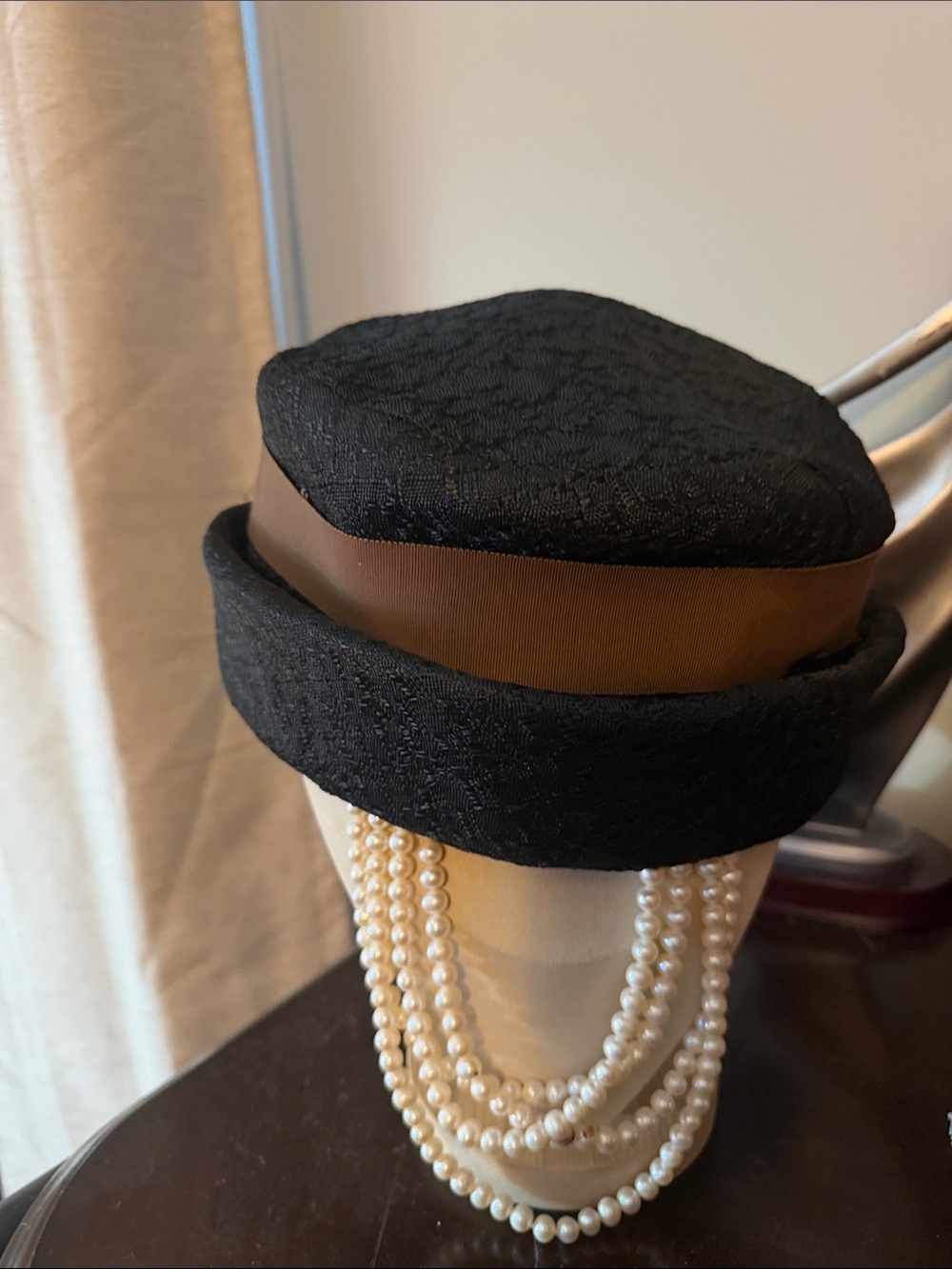 Vintage Black Pillbox Hat with Brown Band